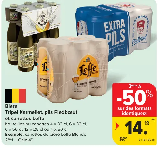 Offre: Bière Tripel Karmeliet, pils Piedbœuf et canettes Leffe