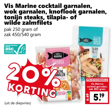 Aanbieding: Cocktail garnalen, wok garnalen, knoflook garnalen, tonijn steaks, tilapia- of wilde zalmfilets