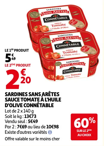 Promotie: Sardines sans arêtes sauce tomate à l'huile d'olive connétable