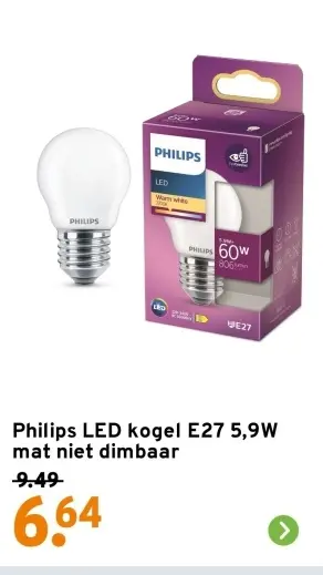 Aanbieding: LED kogel E27 5,9W mat niet dimbaar