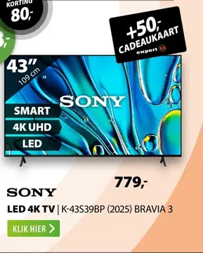 Aanbieding: Led 4k tv | k-43s39bp (2025) bravia 3