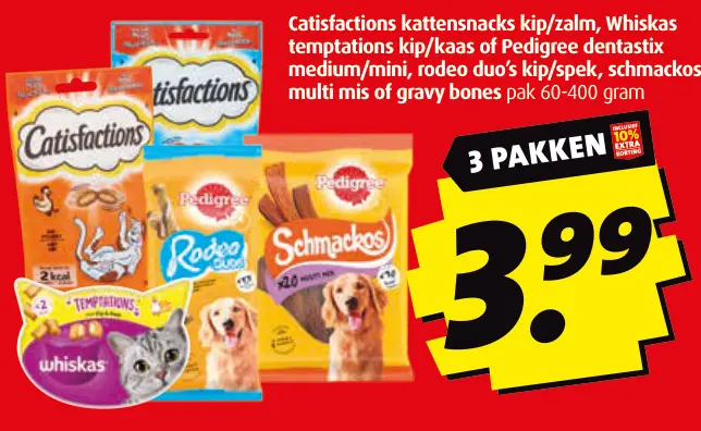 Aanbieding: Catisfactions kattensnacks kip/zalm, Whiskas temptations kip/laas of Pedirgree dentastix medium/mini, rodeo duo's kip/spek, schmackos multi mis of gravy bones