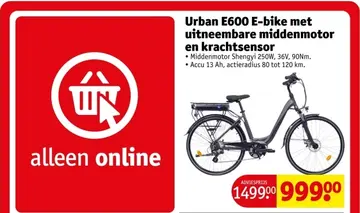 Aanbieding: Urban E600 E-bike met uitneembare middenmotor en krachtsensor