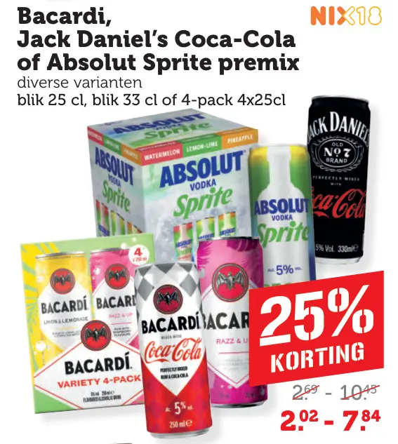 Aanbieding: Bacardi, Jack Daniel's Coca-Cola of Absolut Sprite premix