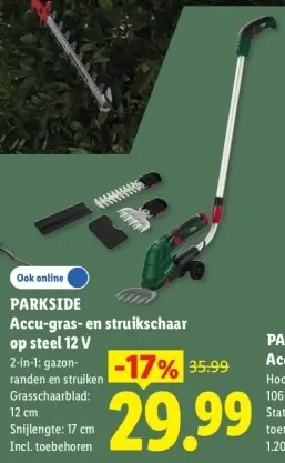 Aanbieding: Accu-gras- en struikschaar op steel 