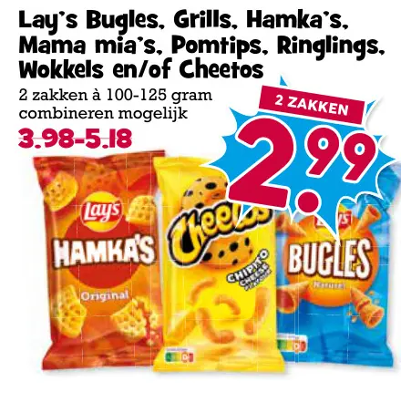 Aanbieding: Lay's Bugles, Grills, Hamka's, Mama mia's, Pomtips, Ringlings, Wokkels en/of Cheetos