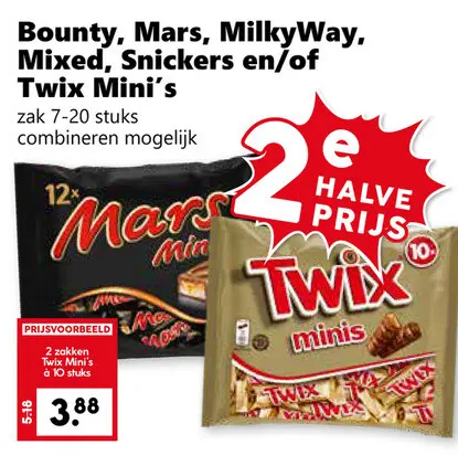 Aanbieding: Bounty, Mars, MilkyWay, Mixed, Snickers en/of Twix Mini's