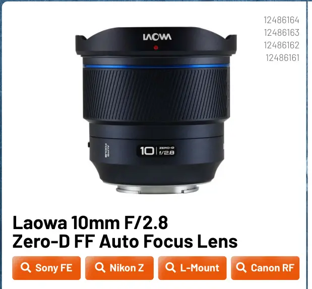 Aanbieding: Laowa 10mm F/2.8 Zero-D FF Auto Focus Lens