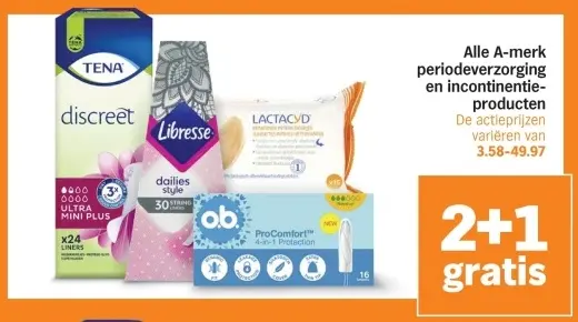 Aanbieding: Alle A-merk periodeverzorging en incontinentieproducten