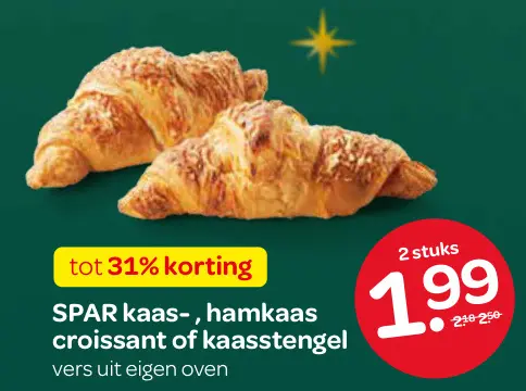 Aanbieding: kaas-, hamkaas croissant of kaasstengel