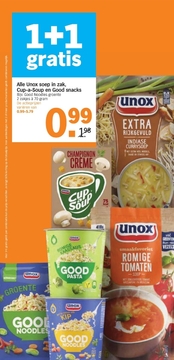 Aanbieding: Alle Unox soep in zak , Cup - a - Soup en Good snacks Bijv . Good Noodles groente 2 zakjes à 70 gram