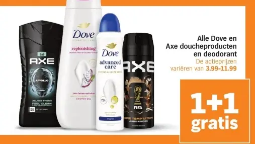 Aanbieding: Dove en Axe doucheproducten en deodorant
