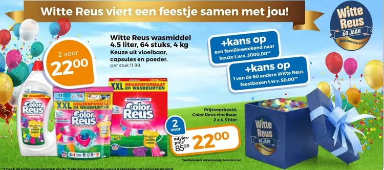 Aanbieding: Witte Reus Wasmiddel 4.5 liter 64 stuks, 4kg