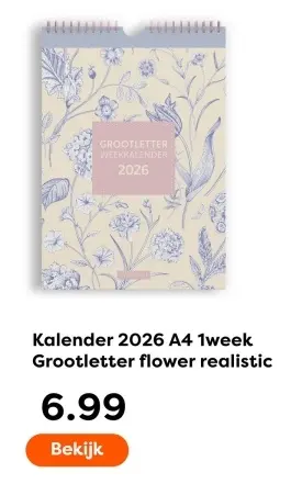 Aanbieding: Kalender 2026 A4 1week Grootletter flower realistic