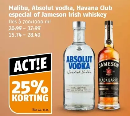 Aanbieding: Malibu, Absolut vodka, Havana Club especial of Jameson Irish whiskey
