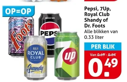Aanbieding: Pepsi, 7Up, Royal Club Shandy of Dr. Foots