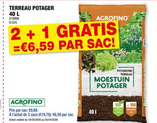 Offre: Agrofino terreau pour potager 40l
