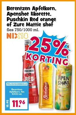 Aanbieding: Berentzen Apfelkorn, Apenshot likorette, Puschkin Red orange of Zure Mattie shot