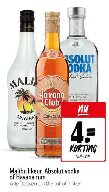 Aanbieding: Malibu likeur, Absolut vodka of Havana rum
