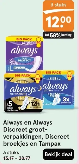 Aanbieding: Always en Always Discreet groot-verpakkingen, Discreet broekjes en Tampax