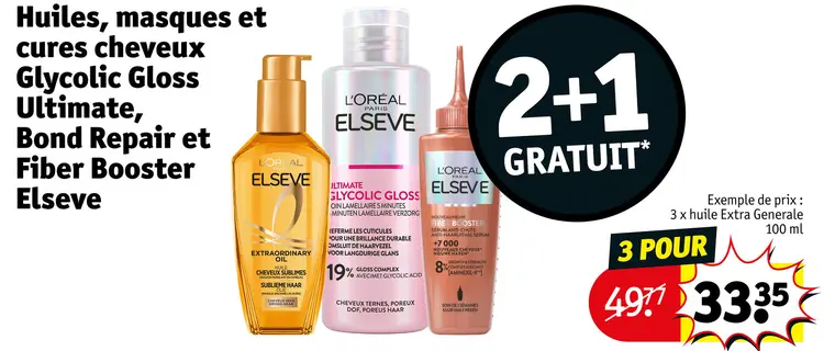 Offre: Huiles, masques et cures cheveux Glycolic Gloss Ultimate, Bond Repair et Fiber Booster Elseve
