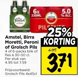 Aanbieding: Amstel, Birra Moretti, Peroni of Grolsch Pils