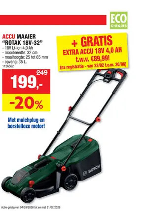 Promotie: Bosch Rotak 18V2-32 accu grasmaaier 18V Li-Ion 32cm + lader