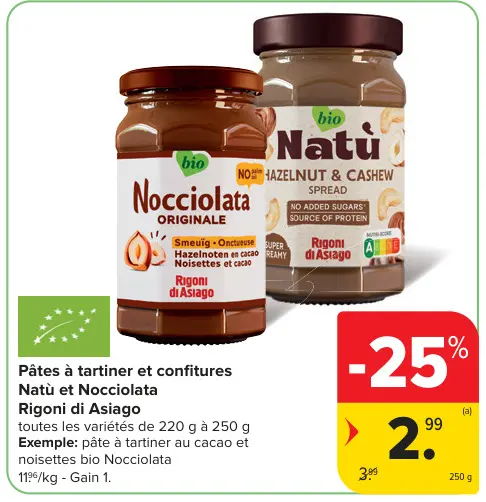 Offre: Pâtes à tartiner et confitures Natù et Nocciolata