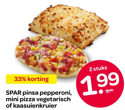 Aanbieding: Pinsa pepperoni, mini pizza vegetarisch of kaasuienkruier