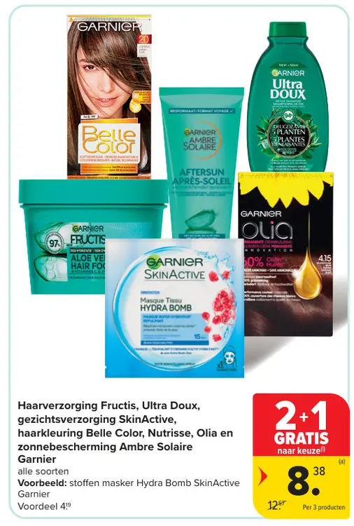 Promotie: Haarverzorging Fructis, Ultra Doux, gezichtsverzorging SkinActive, haarkleuring Belle Color, Nutrisse, Olia en zonnebescherming Ambre Solaire