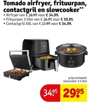 Aanbieding: Tomado airfryer, frituurpan, contactgrill en slowcooker