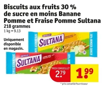 Offre: Biscuits aux fruits 30% de sucre en moins Banane Pomme et Fraise Pomme