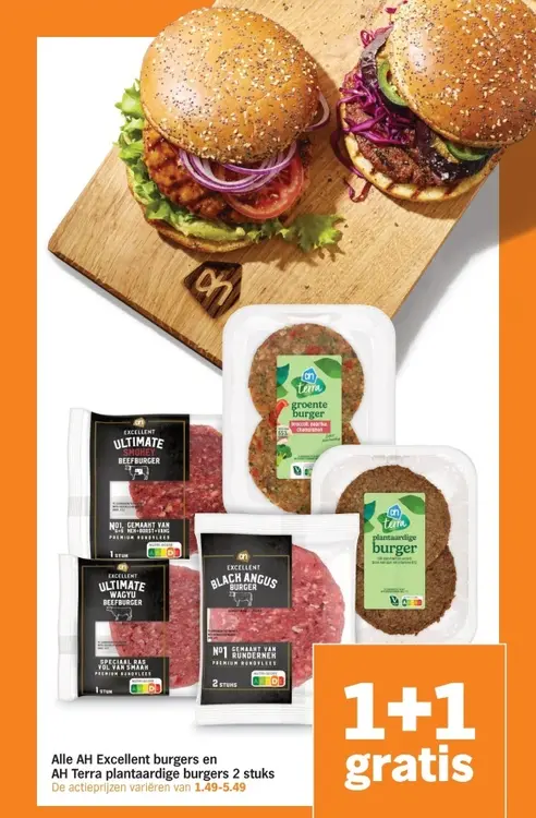 Aanbieding: Alle AH Excellent burgers en AH Terra plantaardige burgers 2 stuks
