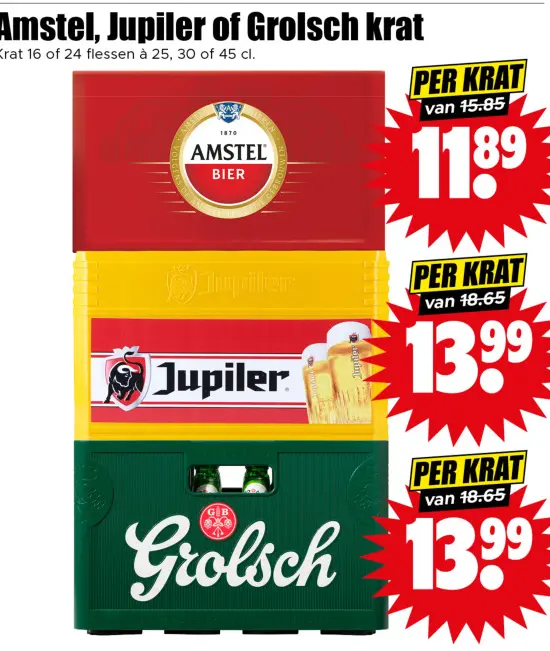 Aanbieding: Amstel, Jupiler of Grolsch krat