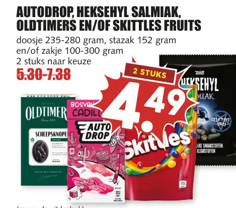 Aanbieding: Autodrop, heksehyl salmiak, OLDTIMERs en/of Skittles fruits