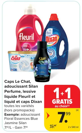 Offre: Caps Le Chat, adoucissant Silan Perfume, lessive liquide Fleuril et liquid et caps Dixan