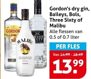 Aanbieding: Gordon's dry gin, Baileys, Bols, Three Sixty of Malibu