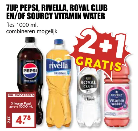 Aanbieding: 7UP, Pepsi, Rivella, Royal Club en/of Sourcy vitamin water