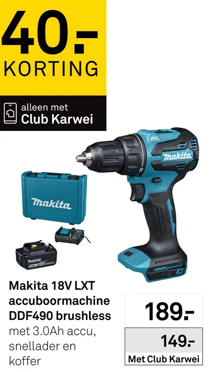 Aanbieding: Makita 18V LXT accuboormachine DDF490 brushless