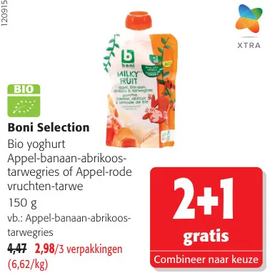 Promotie: Bio yoghurt Appel-banaan-abrikoos-tarwegries of Appel-rode vruchten-tarwe