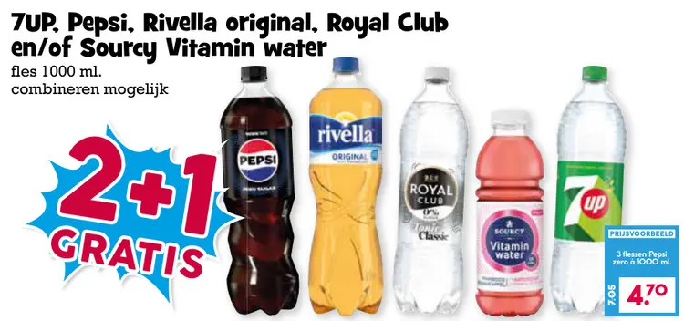 Aanbieding: 7UP, Pepsi, Rivella original, Royal Club en/of Sourcy Vitamin water