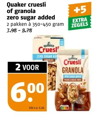 Aanbieding: Quaker cruesli of granola zero sugar added