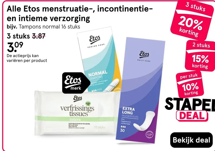 Aanbieding: Alle Etos menstruatie-, incontinentie- en intieme verzorging