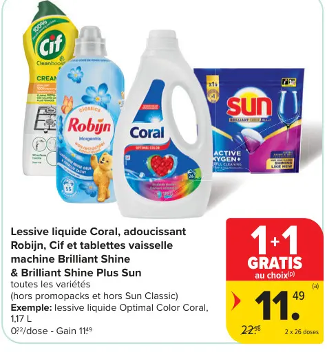 Offre: Lessive liquide Coral, adoucissant Robijn, Cif et tablettes vaisselle machine Brilliant Shine & Brilliant Shine Plus Sun