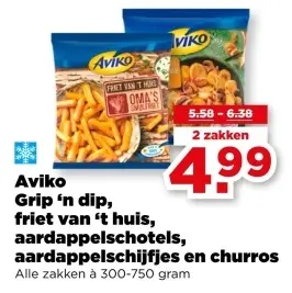 Aanbieding: Grip 'n dip, friet van 't huis, aardappelschotels, aardappelschijfjes en churros
