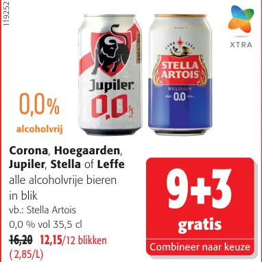 Promotie: Corona, Hoegaarden, Jupiler, Stella of Leffe alle alcoholvrije bieren in blik