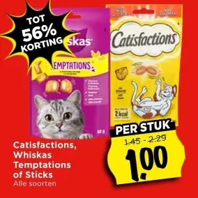 Aanbieding: Catisfactions, Whiskas Temptations of Sticks