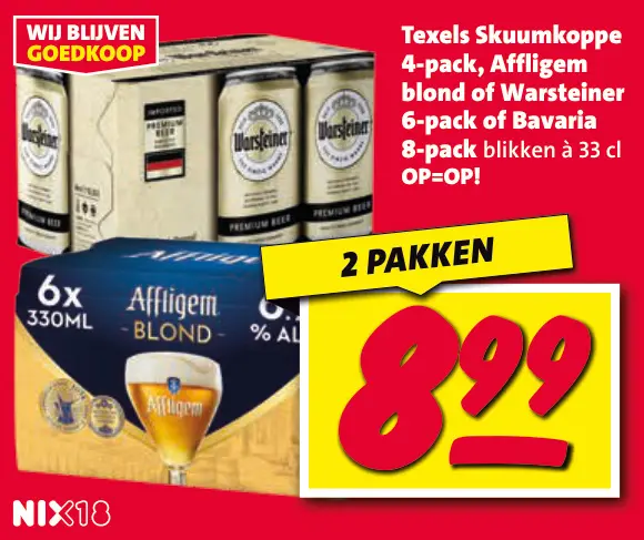 Aanbieding: Texels Skuumkoppe, Affligem blond or Warsteiner 6-pack of Bavaria 8-pack