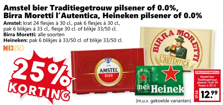 Aanbieding: Amstel bier Traditiegetrouw pilsener of 0.0%, Birra Moretti l'Authentica, Heineken pilsener of 0.0%