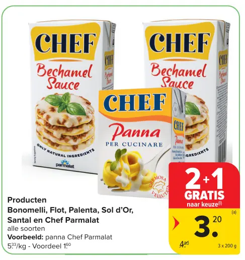 Promotie: Producten Bonomelli, Flot, Palenta, Sol d'Or, Santal en Chef Parmalat